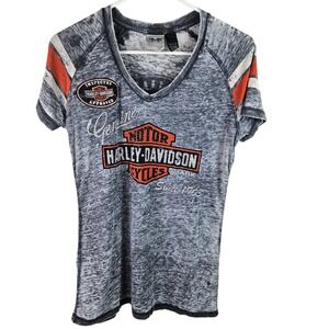 Harley‎ Davidson Womens Gray Distressed Graphic V Neck T Shirt Size M